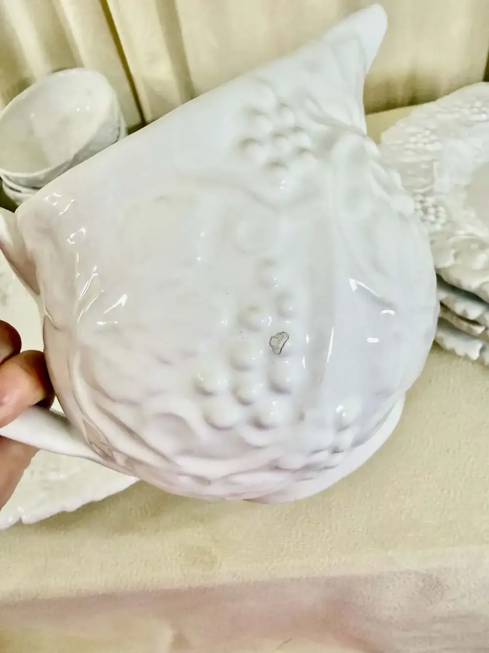 Vintage Italian Embossed Grape & Leaf White Ceramic Set *See Description